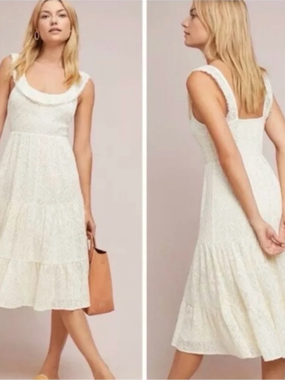 Maeve Anthropologie Belle Tiered Lace Midi Dress Cream Ivory